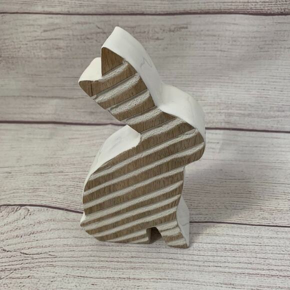 Wood Easter Bunny Rabbit White Shellac Edges Striped Ribbed Sides Farmhouse 6"H - Picture 1 of 10